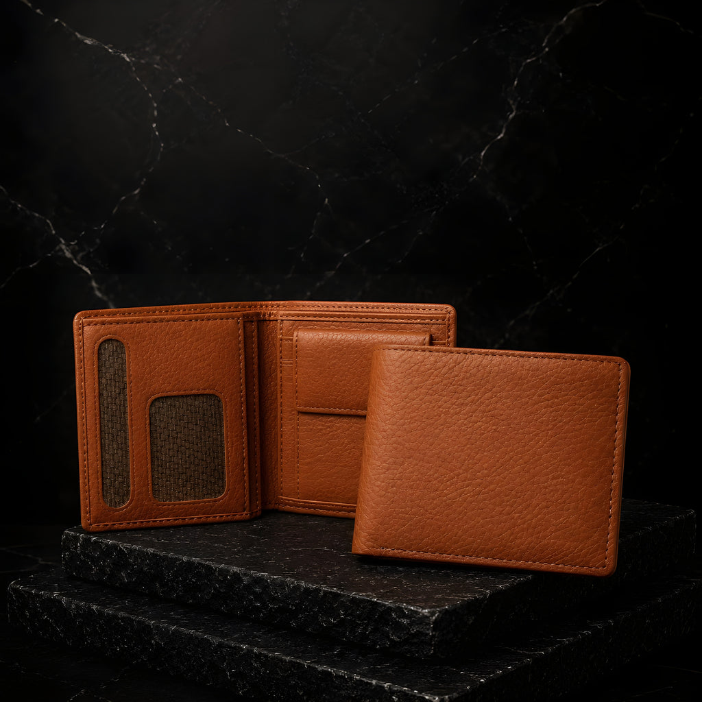 LEYAR Genuine Leather Bi-Fold Wallet for Men with Flip ID Window, Coin Pocket & Premium Gift Box | Tan Brown