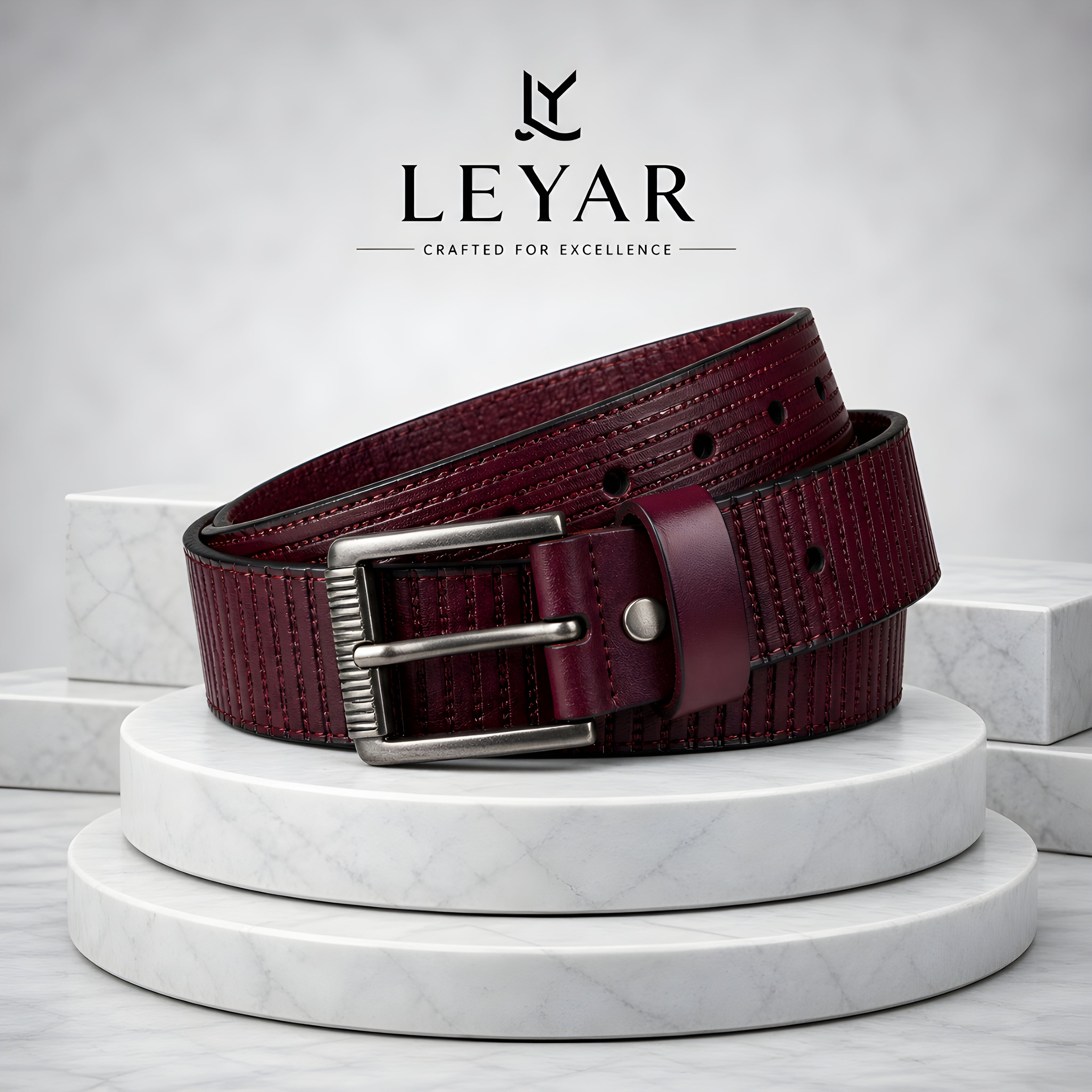 LEYAR Premium Textured Leather Belt for Men | Stylish Casual & Formal Wear Pin Buckle Belt | Wine Maroon