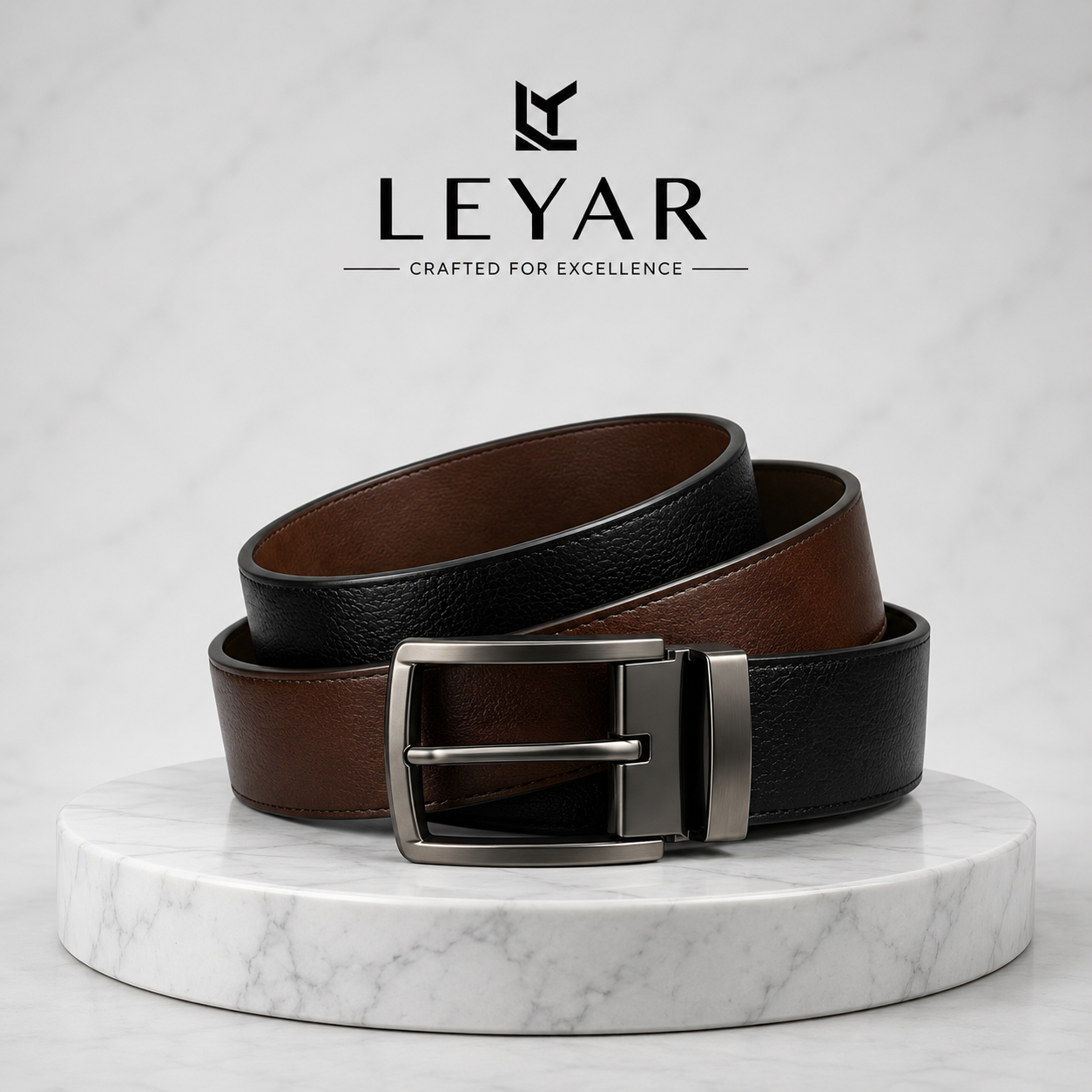 LEYAR Premium Reversible Black & Brown Leather Belt – Rotating Buckle