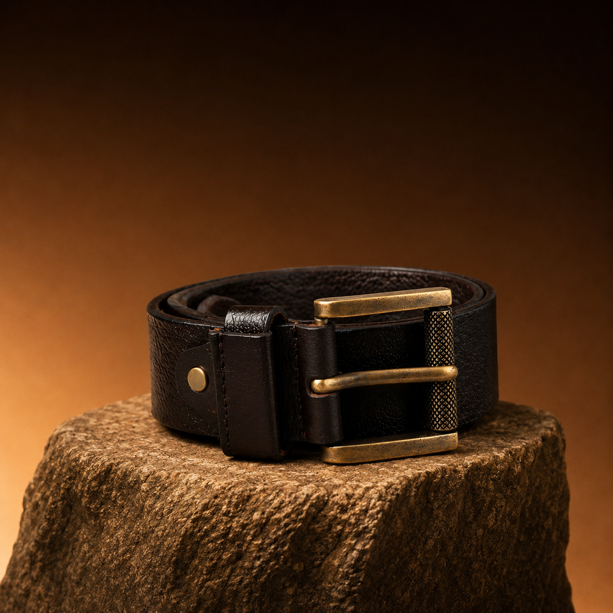 Men's Genuine Leather Belt with Vintage Brass Buckle