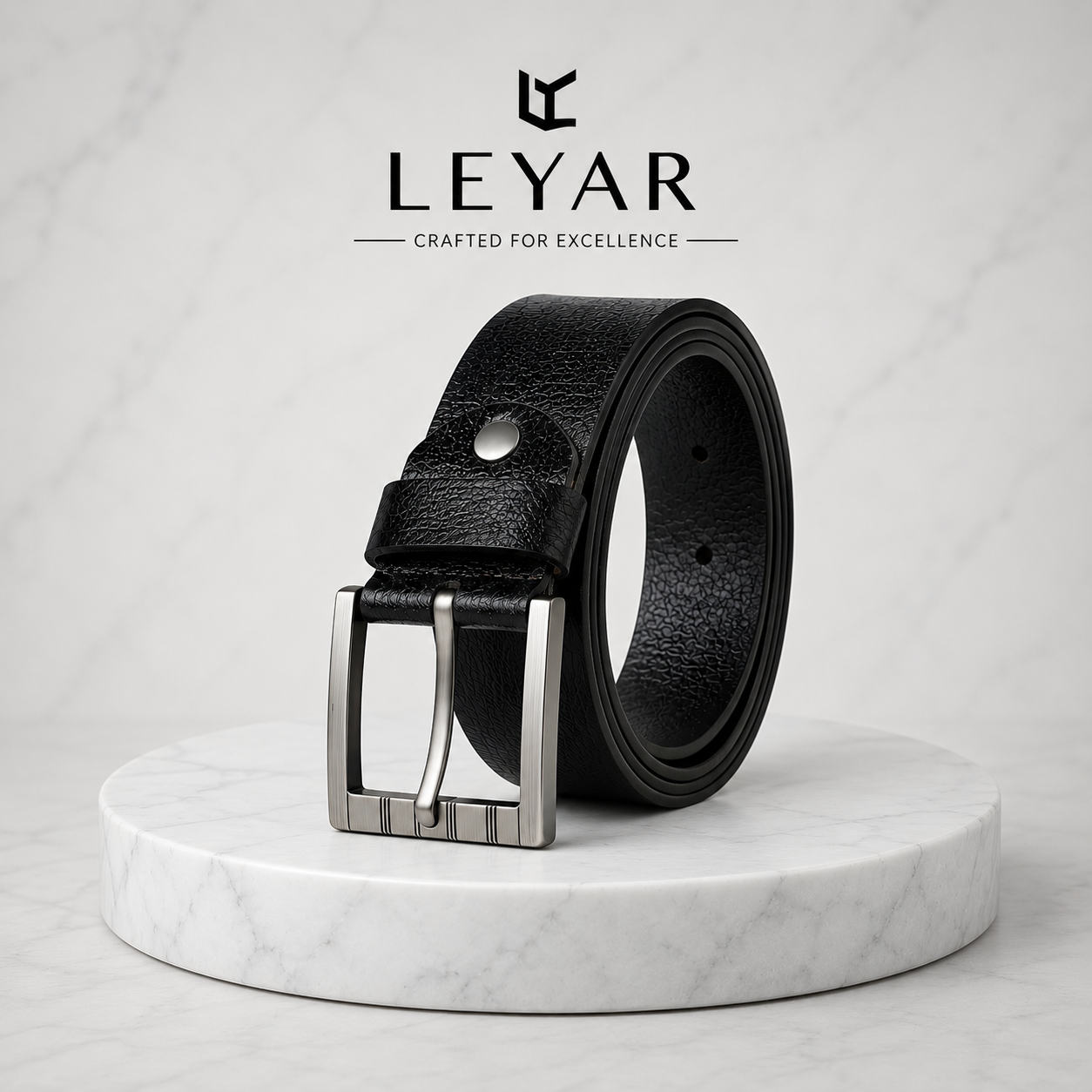 LEYAR Premium Textured Black Leather Belt – Classic Metal Buckle