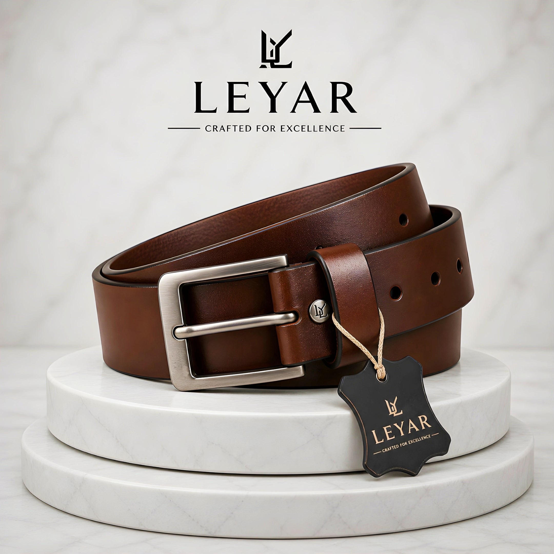 LEYAR Premium Smooth Brown Leather Belt – Classic Metal Timber Buckle