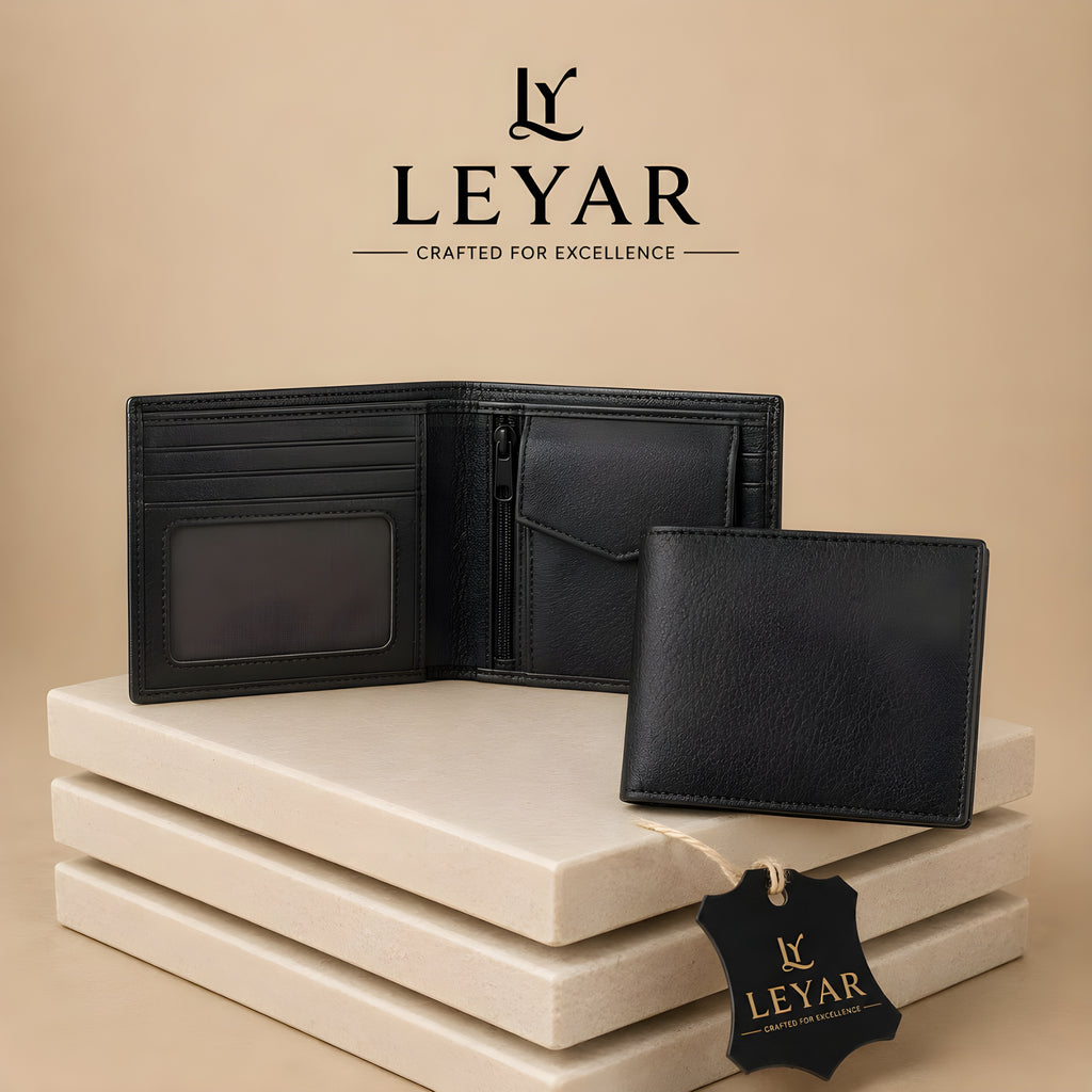 LEYAR Genuine Leather Bi-Fold Wallet for Men with Coin Pocket, Zip Pocket, ID Window & Premium Gift Box