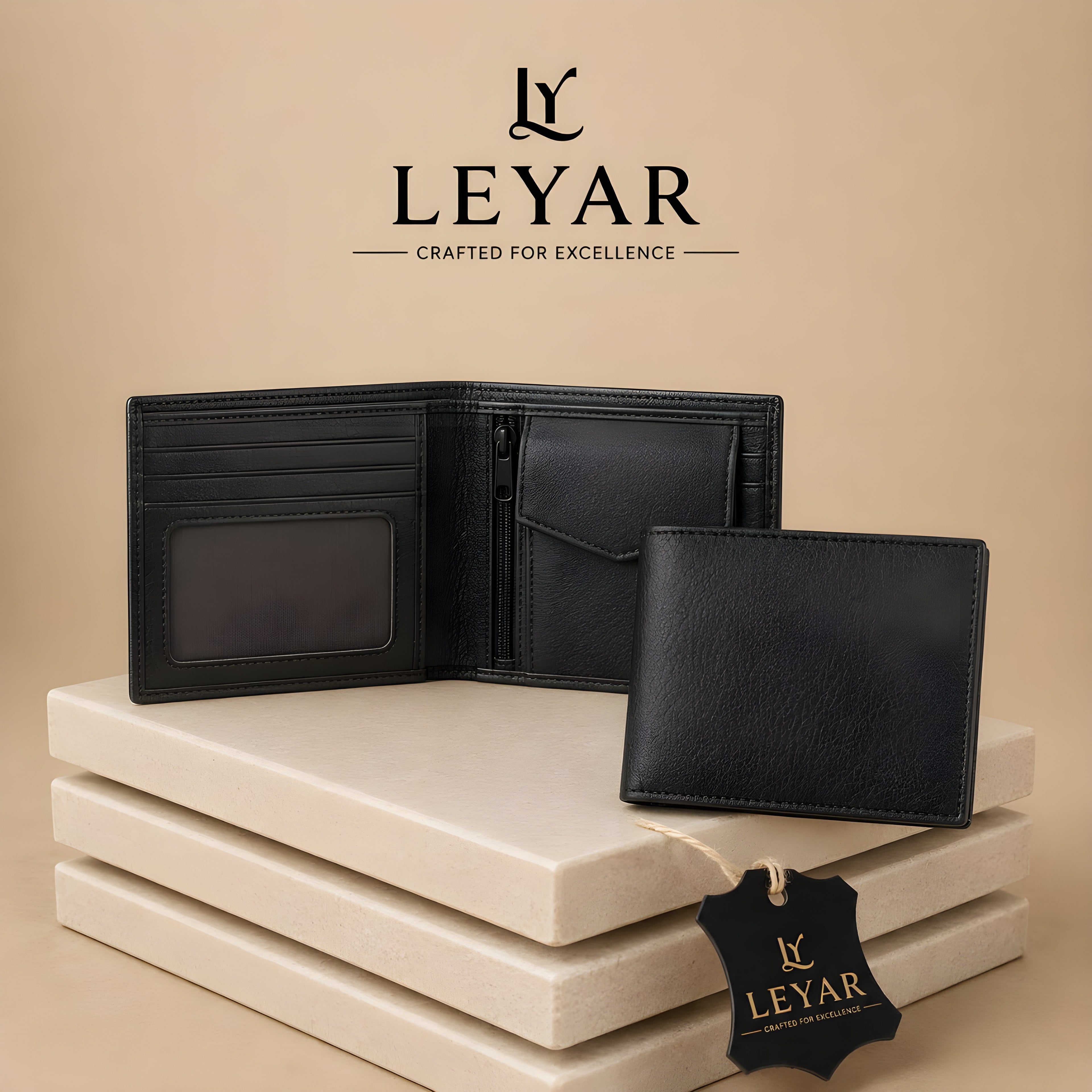 LEYAR Genuine Leather Bi-Fold Wallet for Men with Coin Pocket, Zip Pocket, ID Window & Premium Gift Box