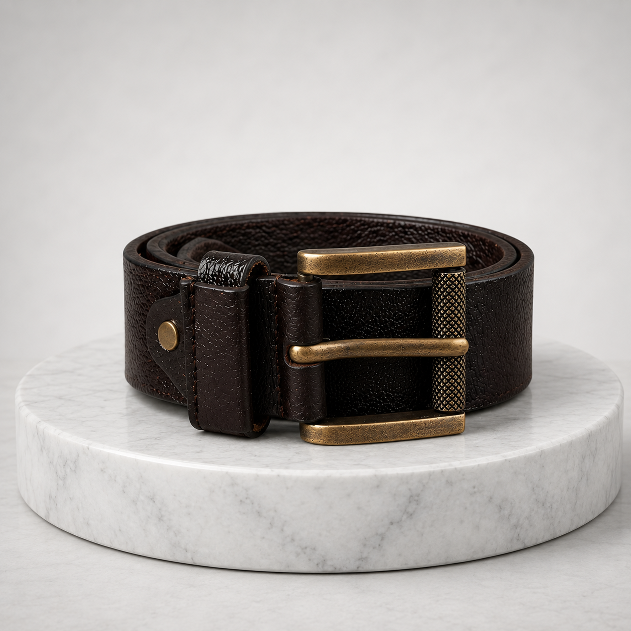 Men's Genuine Leather Belt with Vintage Brass Buckle