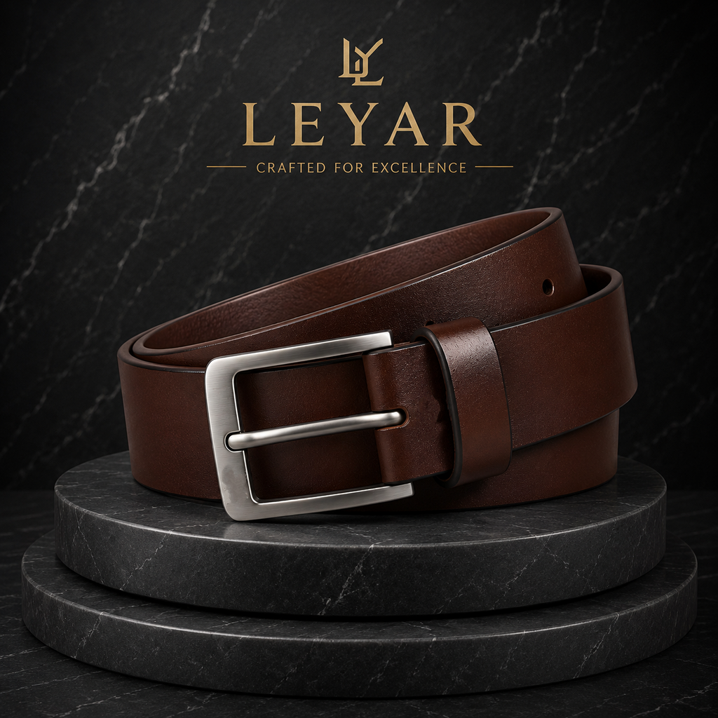 LEYAR Premium Smooth Brown Leather Belt – Classic Metal Timber Buckle