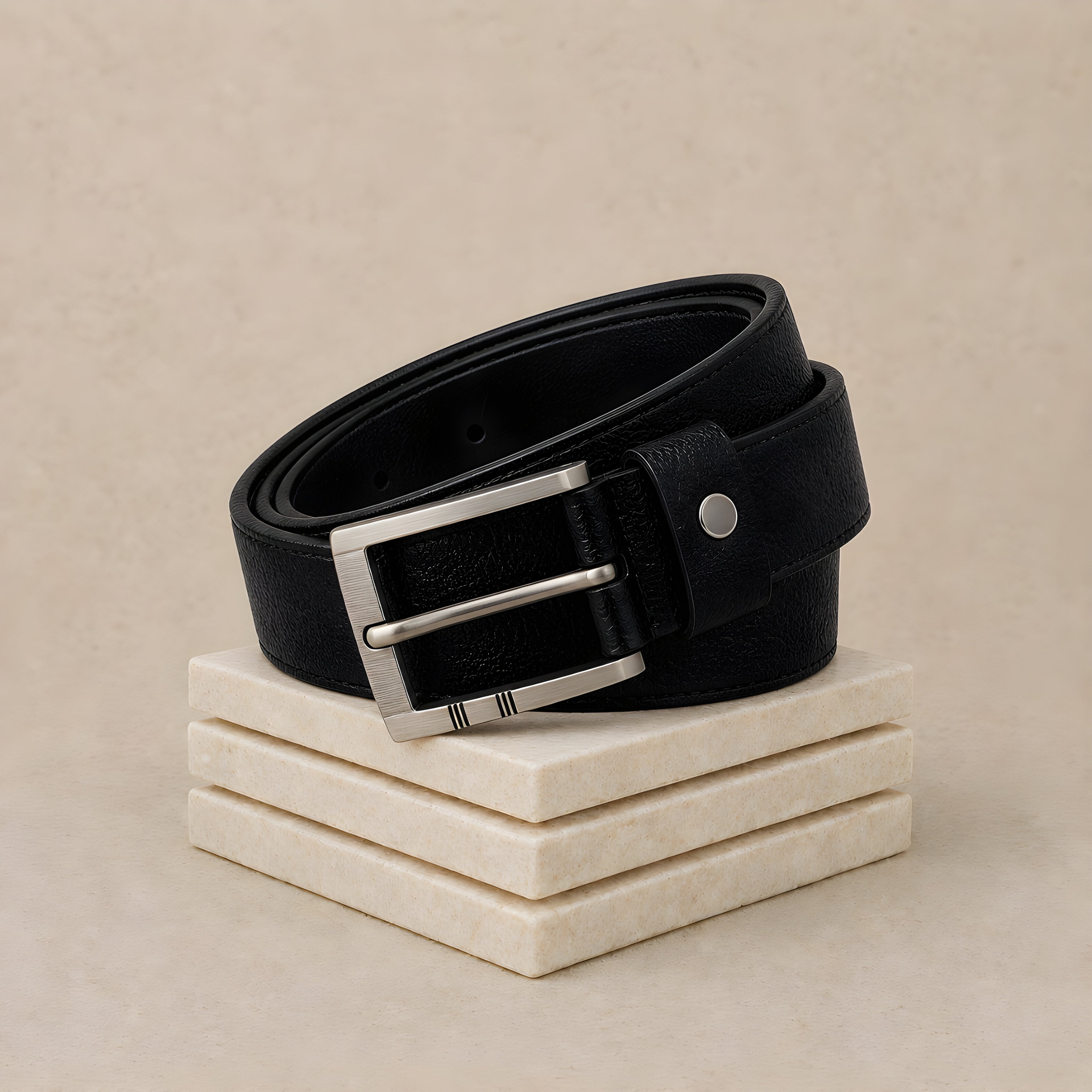 LEYAR Premium Textured Black Leather Belt – Classic Metal Buckle