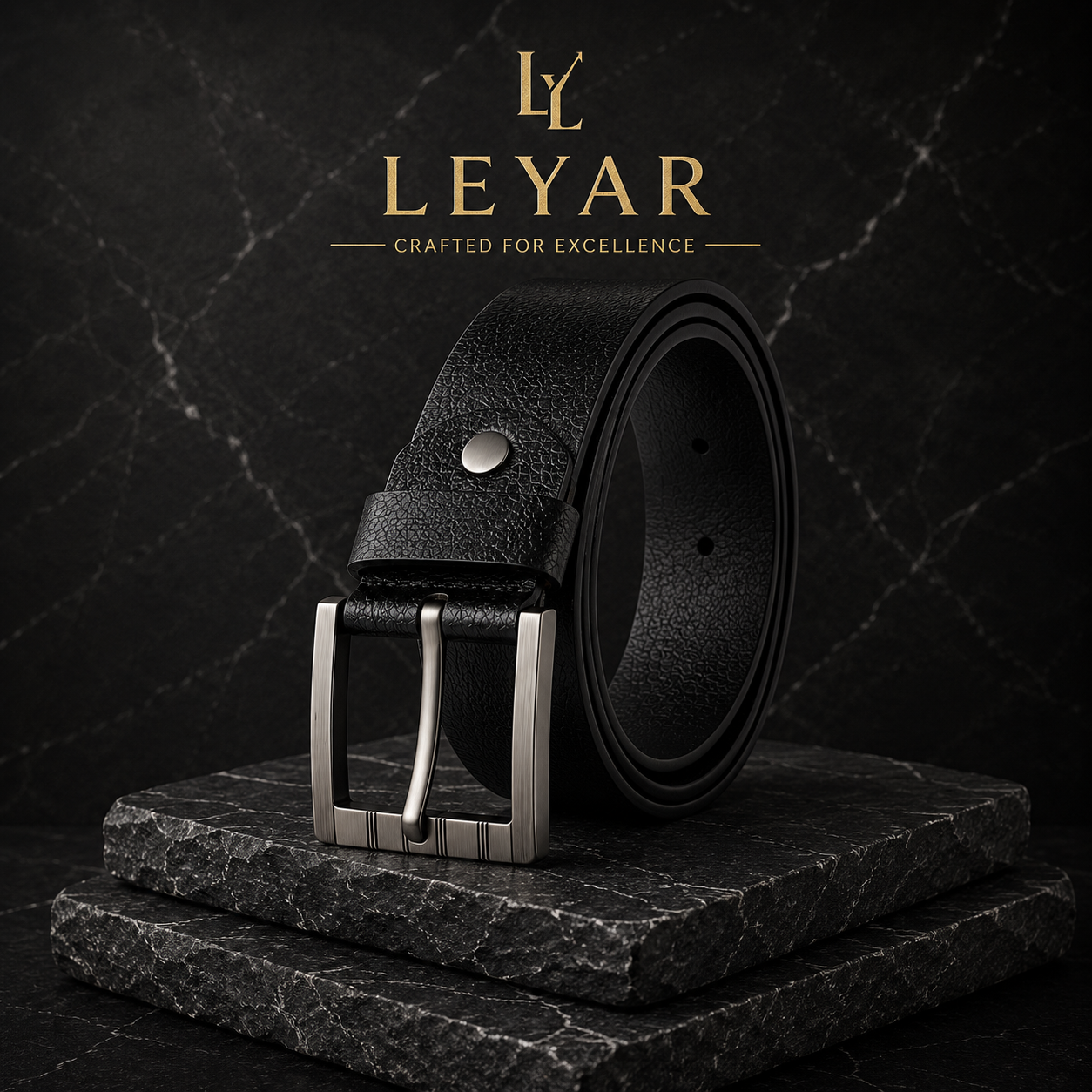LEYAR Premium Textured Black Leather Belt – Classic Metal Buckle
