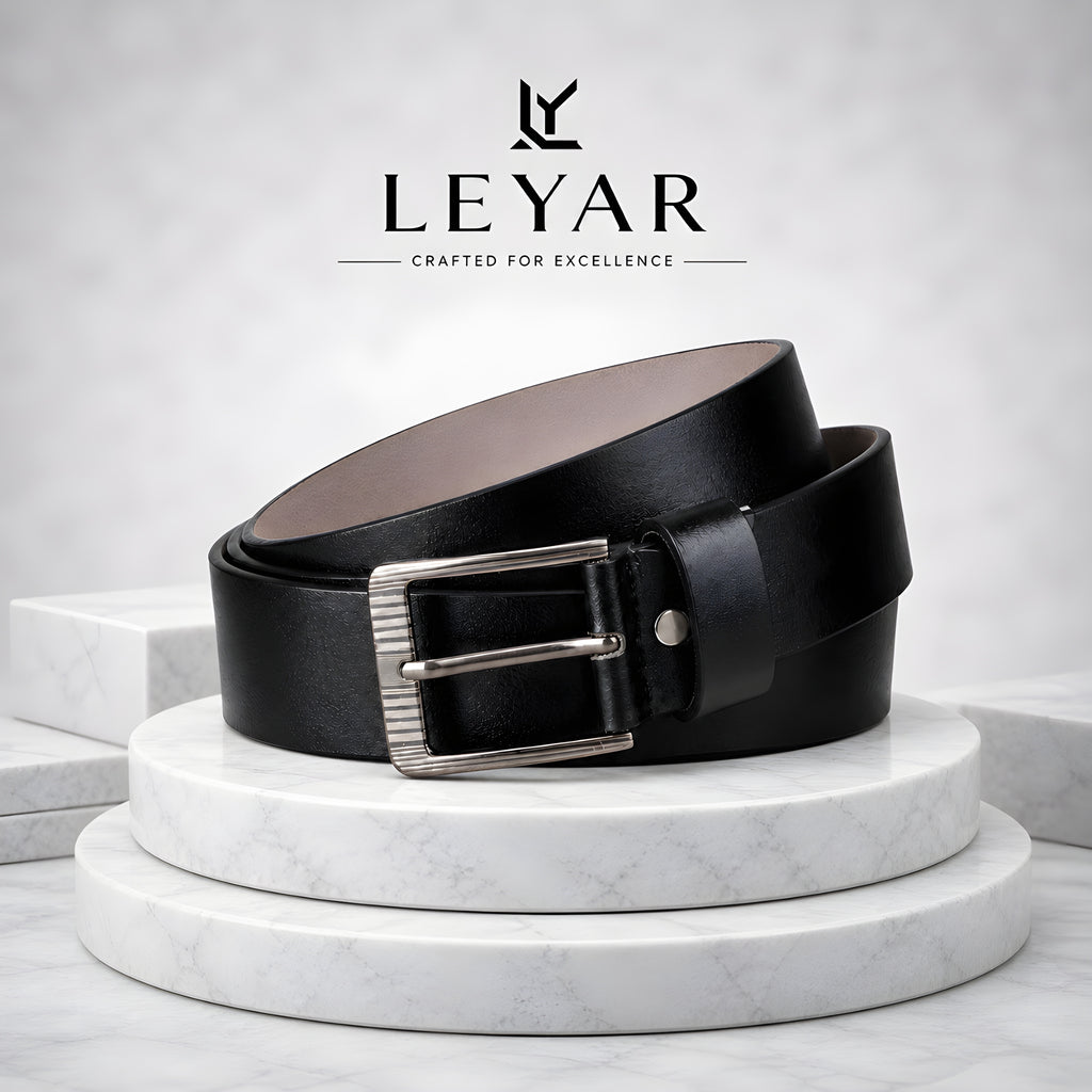 LEYAR Classic Black Formal Belt with Silver Pin Buckle