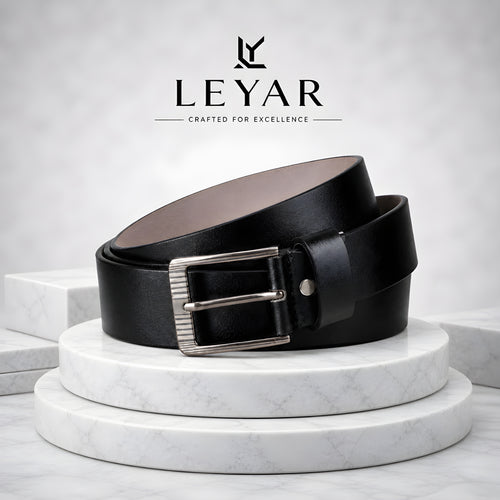 LEYAR Classic Black Formal Belt with Silver Pin Buckle
