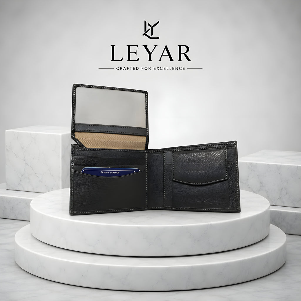 LEYAR Genuine Leather Bi-Fold Wallet for Men with Coin Pocket, ID Window & Premium Gift Box