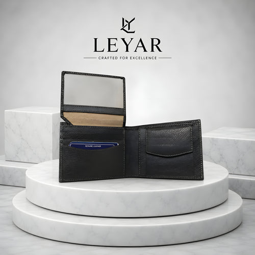 LEYAR Genuine Leather Bi-Fold Wallet for Men with Coin Pocket, ID Window & Premium Gift Box