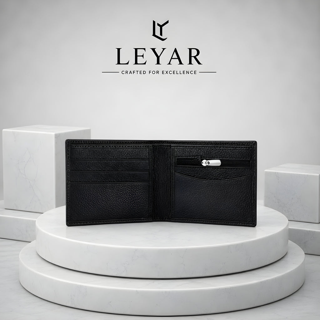 LEYAR Genuine Leather Bi-Fold Wallet for Men with Coin Pocket, Zip Pocket, ID Window & Premium Gift Box