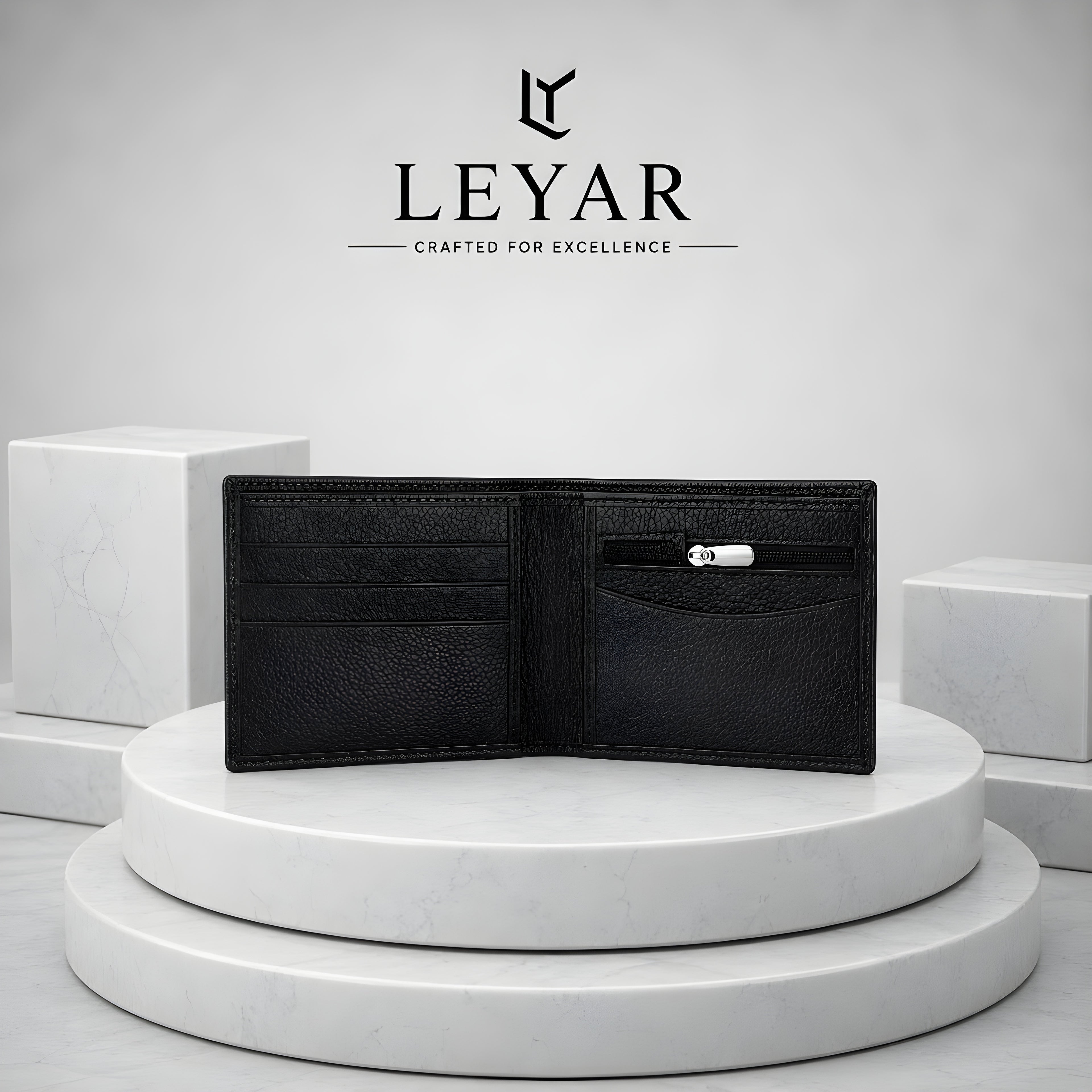 LEYAR Genuine Leather Bi-Fold Wallet for Men with Coin Pocket, Zip Pocket, ID Window & Premium Gift Box