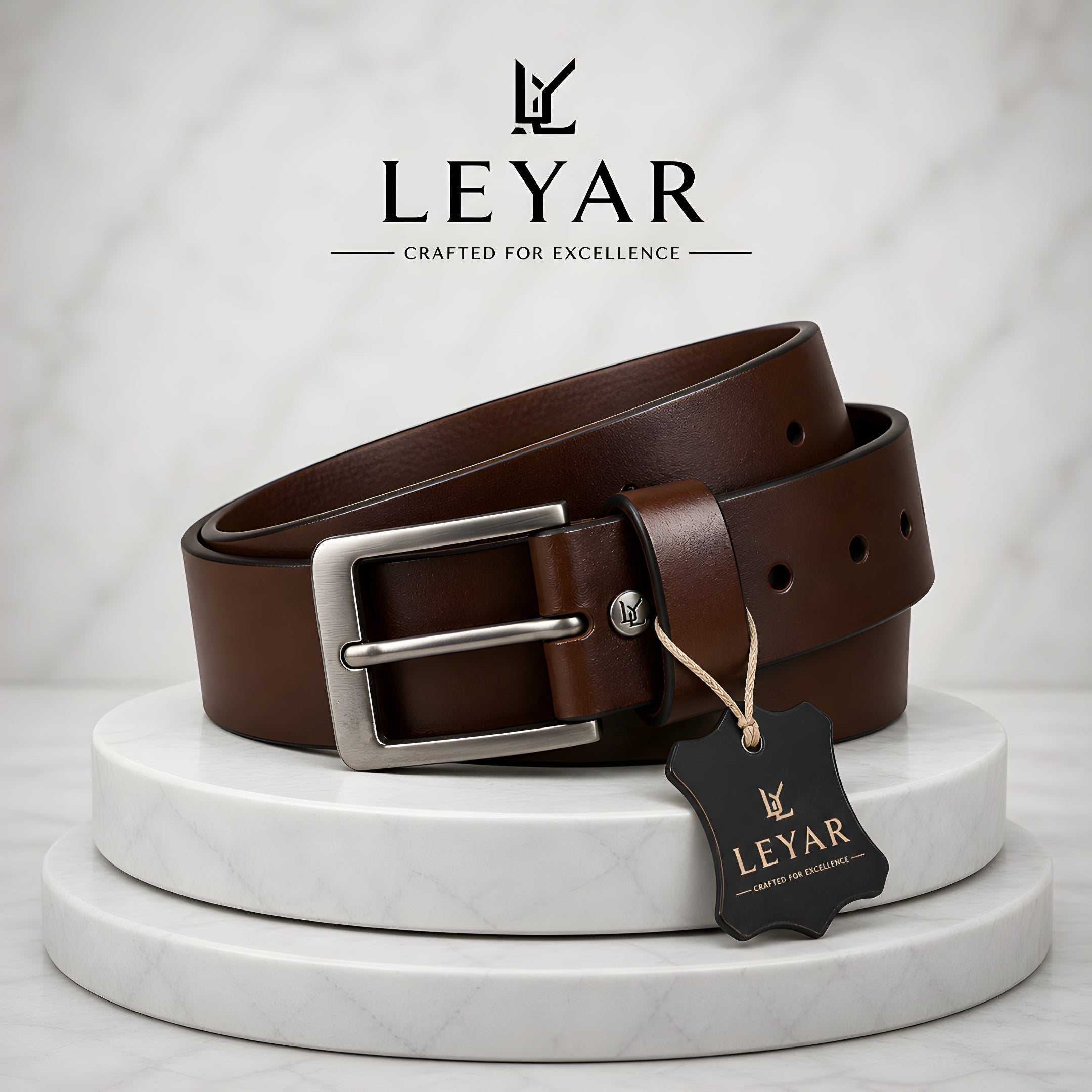 LEYAR Premium Smooth Brown Leather Belt – Classic Metal Timber Buckle